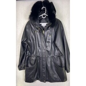 Worthington Lambskin Leather Black Jacket Women's Size XL Dyed Fox Trim Hood